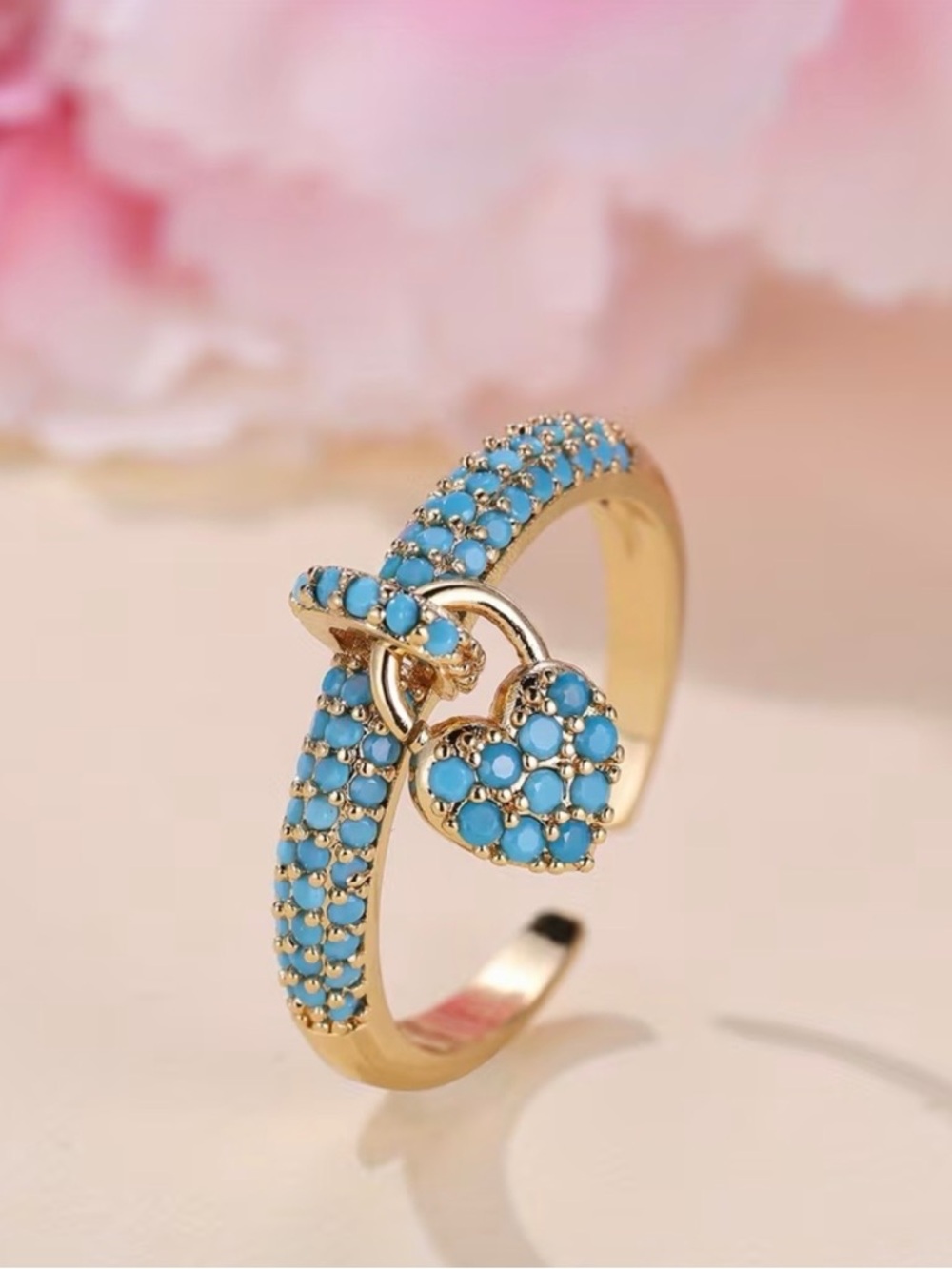 Gold-Tone Turquoise Heart Charm Open Ring - Picture 3 of 5